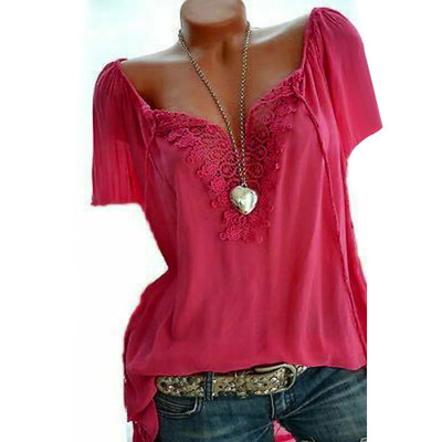 

Nomeni Womens Plus Size Off Shoulder Lace Pure Color Short Sleeve Blouse Loose Tops