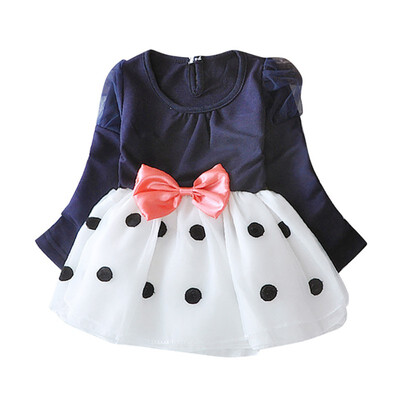 

Autumn Girl Dress with Bow Cute Dot Evening Dress Princess Birthday Party Mesh Kids Baby Dresses