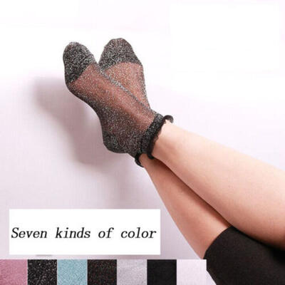 

Sexy Women Summer Ruffle Glitter Mesh Ankle Socks Silver Gauze Fishnet Socks