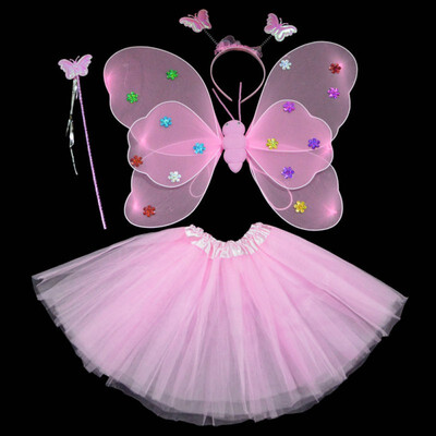 

4Pcsset Halloween Dance Costumes Cosplay Fairy Princess Kids Butterfly Wings WandHeadbandTutu Skirt