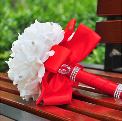 

Wedding Bouquet Big Size Red Bridesmaid Bouquet Bridal Bouquet with Crystals Soft Ribbons Artificial Rose Flowers for Wedding