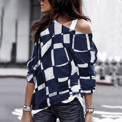 

New Womens Casual Loose Shoulder-bare Plaid Printed Long Sleeve Tops T-Shirt