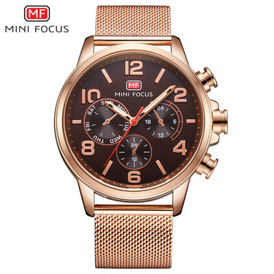 

MINI FOCUS Fox mens watch quartz trend business fake three-eye steel mesh belt leather strap