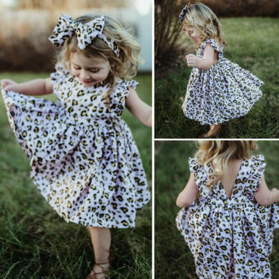 

US Toddler Kids Baby Girl Sleeveless Clothes Ruffle Leopard Party Dress 2PCS Set