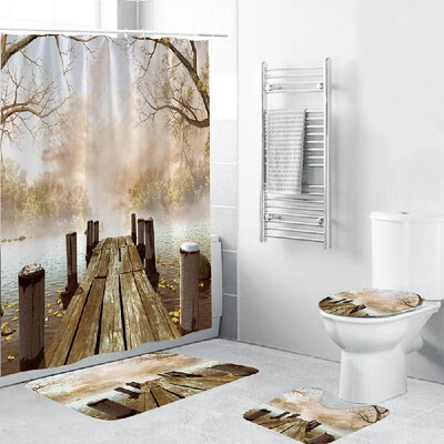 

4 Piece Bathroom Decoration Waterproof Shower Curtain Base Carpet Cover Toilet Seat Cushion Non-slip Bath Mat Set
