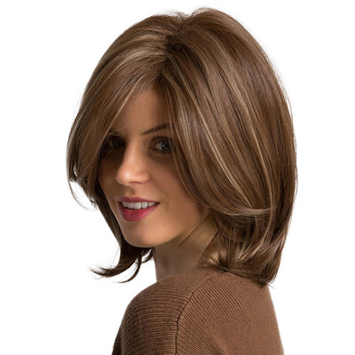 

Women Synthetic Wigs Side Parted Heat Resistant Highlighted Bob Brown Straight Hair Wig Elastic Wig Cap