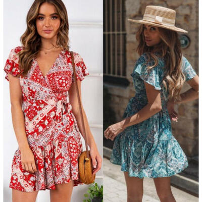 

New Women Boho Print Flower Summer Party Evening Beach Short Mini Dress Sundress