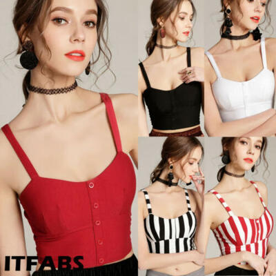 

Womens Pure Striped Sling Tops Ladies V-neck Padded Crop Tank Tops Button Vest