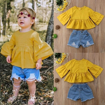 

Toddler Kids Baby Girl Trumpet sleeves Dress Shirt Tops Denim Shorts Jeans Pants Outfits