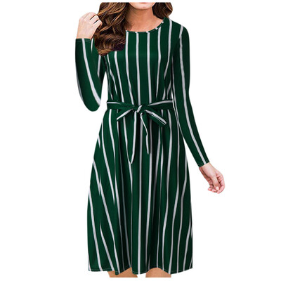 

Tailored Womens O-Neck Striped Long Sleeve Loose With Pockets Casual Long Dress