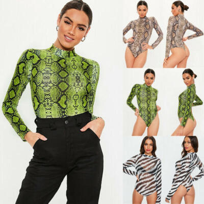 

Women Slim Fit Summer Panty Snakeskin Leopard Bodysuit Long Sleeve Sexy Jumpsuit