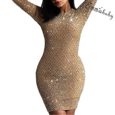 

Women Sequin Plunge Halter Crew Neck Long Sleeve Bodycon Ladies Mini Dress