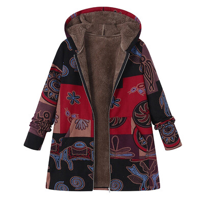 

Toponeto Plus Size Women Hooded Long Sleeve Cotton Linen Fluffy Fur Zipper Coat Outwear