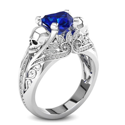 

Luxury Sterling Silver Double-headed Skull Blue Sapphire Diamond Gemstone Wedding Engagement Ring