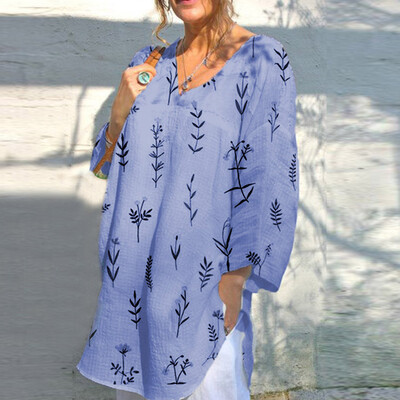 

Starmoon Summer Women V-neck Long Sleeve Casual Loose Printed T-shirts Blouse Tops