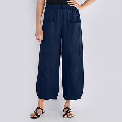 

Plus Size Women Pure Color High Waist Wide Leg Pants Pocket Trousers Loose Pants