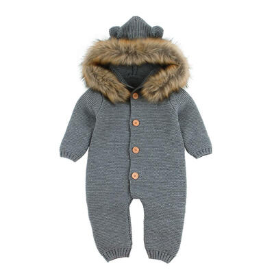 

Newborn Baby Knitted Rompers Warm Cartoon Front Buttons Hooded Jumpsuit