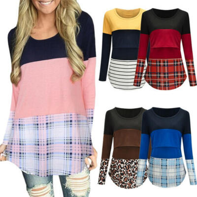 

UK Women Pregnant Maternity Nursing Tops Lace Striped Breastfeeding T-Shirts