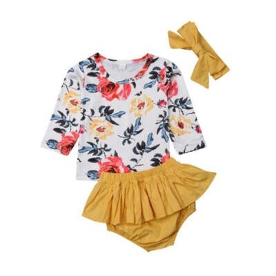 

Infant Baby Girl Clothes Floral T-shirt TopRuffle Shorts Headband Outfits Set