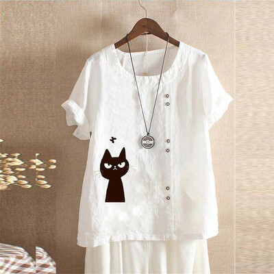 

Roseonmyhand Plus Size Women Short Sleeve Cotton Linen O-Neck Print Blouse Top T-Shirt