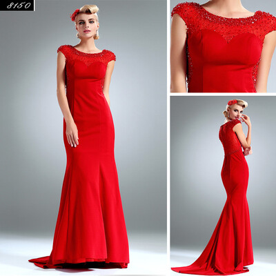

Watteau Fish Tail Velvet High-End Customized Mermaid Long Red Evening Dress
