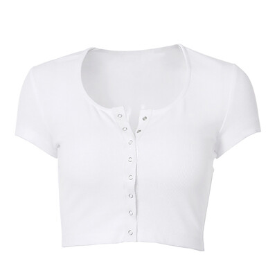 

Women Round Collar Summer Tops Front Buttoned Solid Color Short Sleeve Casual Simple Wild T-Shirt