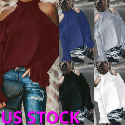 

Women Summer Blouse Tops Long Sleeve Solid Plus Size Sexy Cold Shoulder T Shirt