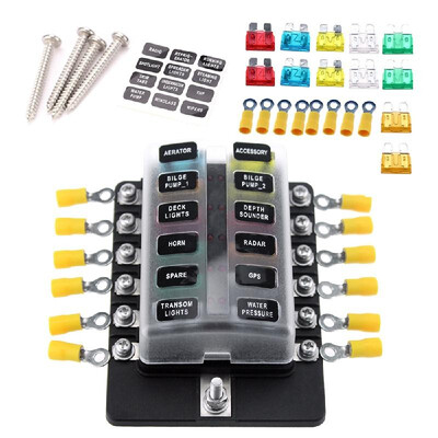 

12 Way Blade Fuse Box Holder Fuse Blocks with Red LED Indicator 10Pcs Fuses 10Pcs Terminals for Car Boat Marine Caravan Truck 12V