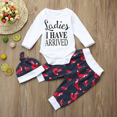 

3Pcs Infant Baby Boy Girl Letter Fox Print TopsPantsHat Outfits Set Clothes