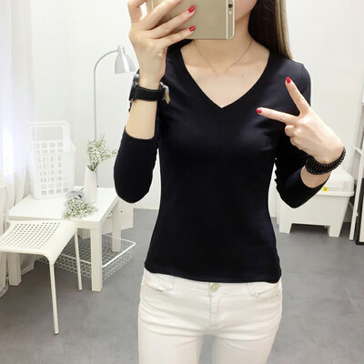 

Women V Neck Long Sleeve Basic T-shirt Casual Slim Fit Blouse Bottoming Shirt