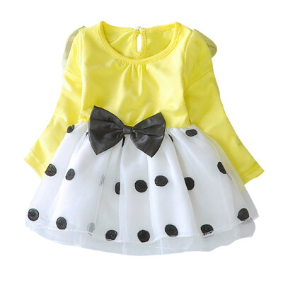 

Autumn Girl Dress with Bow Cute Dot Evening Dress Princess Birthday Party Mesh Kids Baby Dresses