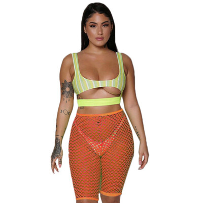 

Women spandex stretch sexy shorts neon fishing net mesh high waist riding shorts streetwear beach carnival pants