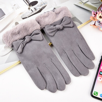 

Winter Female Single Layer Plush Wrist Warm Cashmere Leather Full Finger Mittens Women Touch Screen Driving Gloves
