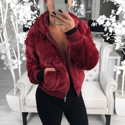 

Women Winter Warm Short Coat Thick Zipper Hooded Solid Color Casual Outwear