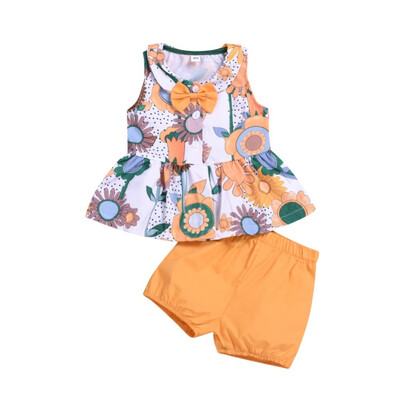 

Newborn Infant Baby Girls Sleeveless Cotton Cute print Ruffles Summer Clothing shorts 2pcs Clothes Sets