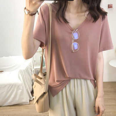 

Simple Casual Solid Color Womens T Shirts Loose V-neck Short-sleeved Tops