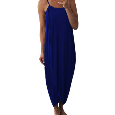 

Womens Solid Spaghetti Strap Sleeveless Loose High Waist Irregular Midi Dress