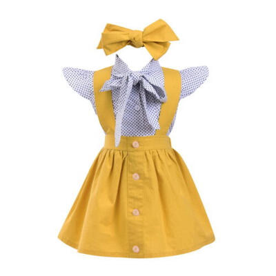 

Cute Baby Kids Girls Short Sleeve TopsSuspender Skirt Headband 3PCS Summer