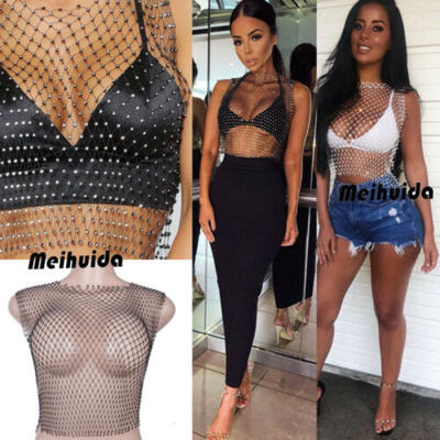 

New Women Sleeveless Mesh Rhinestone Cocktail Party Crop Tops Blouses T-shirts