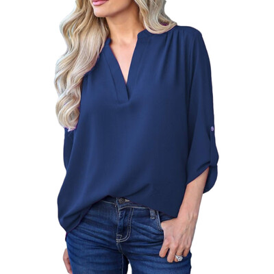 

Women Sexy V Collar Long Sleeve Cotton Solid Color Tights Loose Casual Slim Blouse