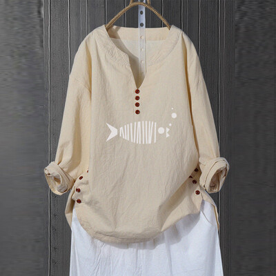 

Roseonmyhand Plus Size Women Long Sleeve V-Neck Printed Cotton And Linen Tops Casual Blouse