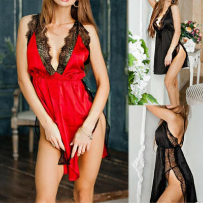 

Women Satin Silk Lace Lingerie Sleepwear Bath Robe Pyjama Gown Nightdress