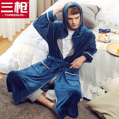 

Three guns THREEGUN pajamas men&women autumn&winter new coral fleece cute baby velvet open hooded thick warm home couple robe mens navy blue