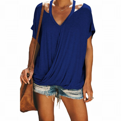 

Solid color short-sleeved womens t-shirt V-neck short-sleeved hem knotted loose top