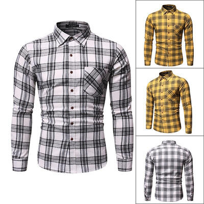 

Male Casual Long-sleeved Plaid Shirt Simple Turn-down Collar Tops Shirt for Men