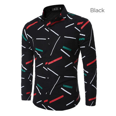 

Fashion Geometric Pattern Long Sleeve Mens Shirt Casual Turn-Down Collar Slim Fit Shirt For Men