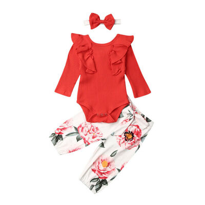 

Newborn Baby Girl Winter Outfit Clothes Romper TopsFloral PantsHeadband Set