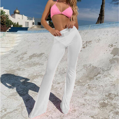 

New Women Beach See-Through Long Pants Mesh Sheer Bikini Cover Up Flare Trousers