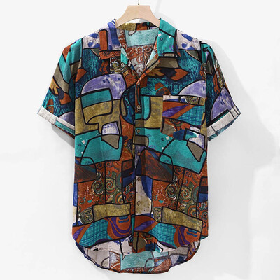 

Toponeto Mens Hawaiian Pocket Short Sleeve Round Hem Loose Shirts Print Linen Blouse