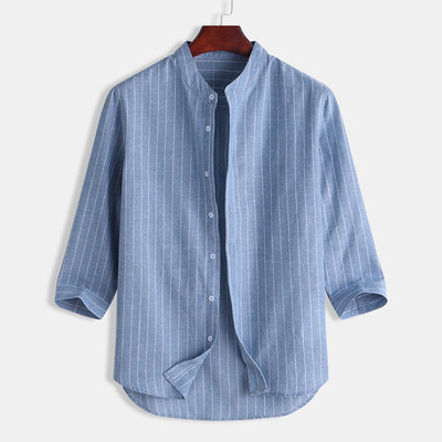 

Toponeto Summer mens casual striped stand collar 7 points sleeve button cotton shirt Top